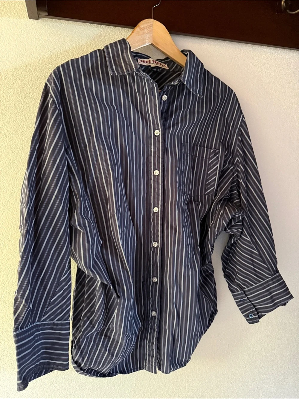 Free People Navy Striped Button-Down Shirt, Oversized, Dolman Sleeve Relaxed Fit